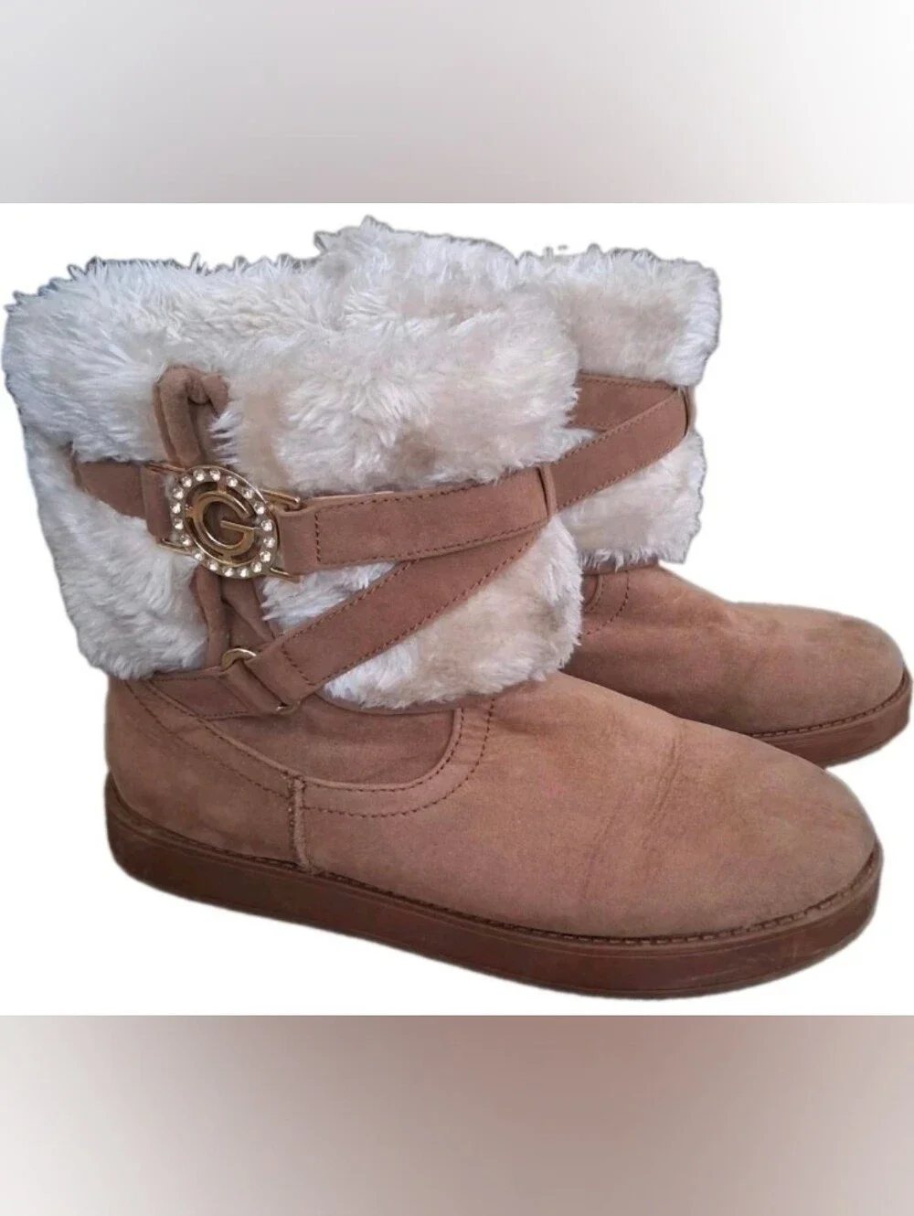 Guess Ankle Boots Womens Sz 8M Faux Suede W/ Fur Lining Brown W/Gold 